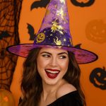 A top hat decorated with gold moon and star patterns