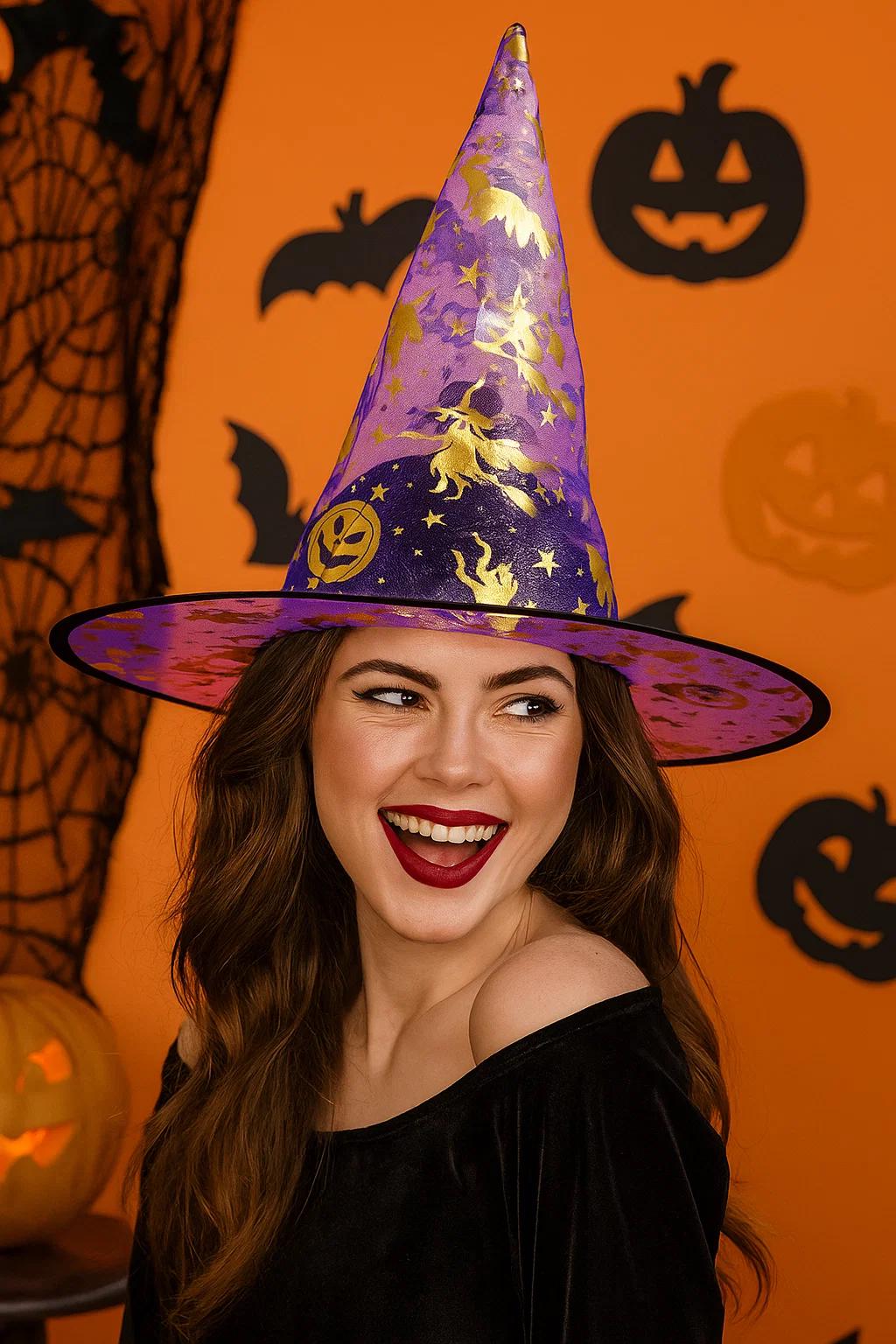 A top hat decorated with gold moon and star patterns