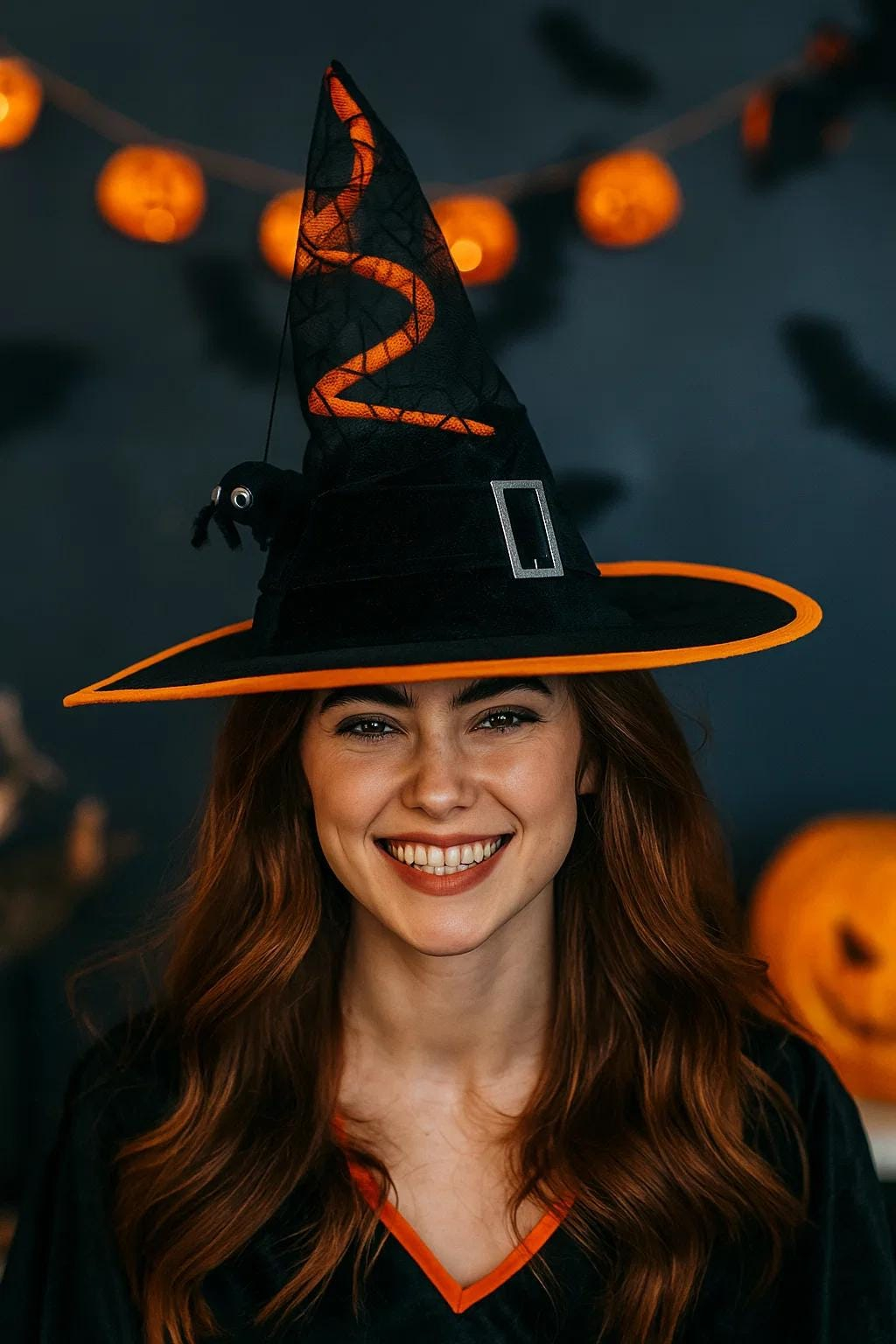 Black and orange spider party witch hat