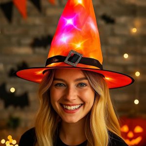 Orange glow-in-the-dark costumes and holiday hats